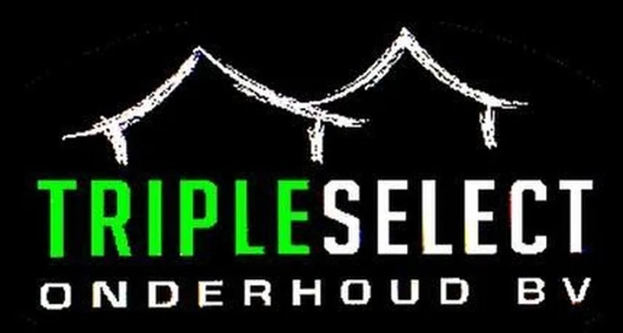 Huidig logo van Triple Select: twee daken op drie staanders, TRIPLE in fluogroen