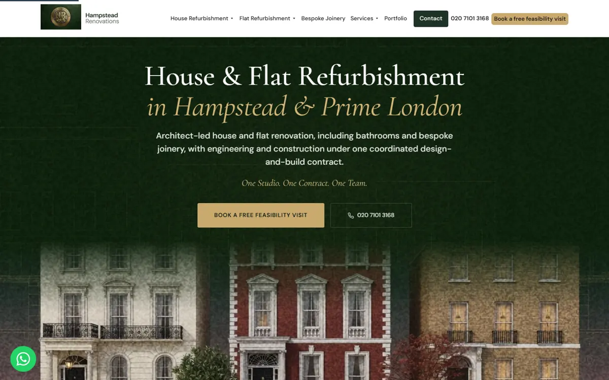 Homepage van Hampstead Renovations met donkere hero en drie getekende herenhuizen