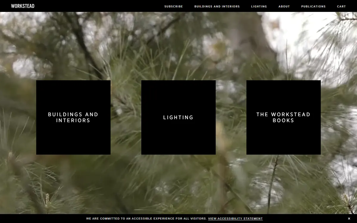 Homepage van Workstead met drie zwarte blokken over een beeld